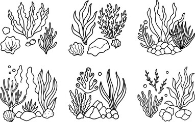 Set of seaweeds stones corals outline vector illustration, line art © 99 vector art