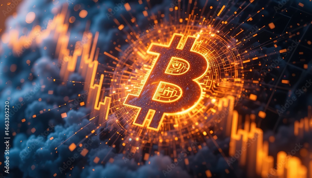 Aufkleber glowing bitcoin symbol with abstract chart and particle effects