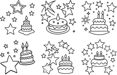 Set of stars and birthday cake outline vector illustration, line art