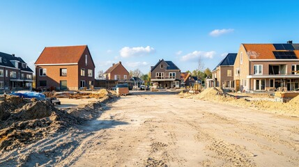 Residential construction site showcases modern house development under a clear sky