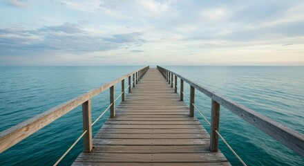 Walking on Wooden Pier Towards Calm Ocean Horizon