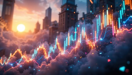 Obraz premium Glowing Financial Charts Above Sunset Cityscape