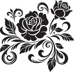 Black Rose Floral Vector Design with Ornamental Swirls and Leaves – Elegant Decorative Flower Illustration for Tattoos, Invitations, and Digital Art