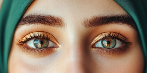 Obraz premium Closeup Portrait of a Woman with Stunning Green Eyes and Golden Eye Makeup Wearing a Teal Hijab