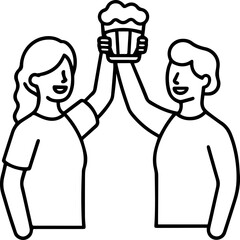 Best friends with beer outline vector illustration, line art
