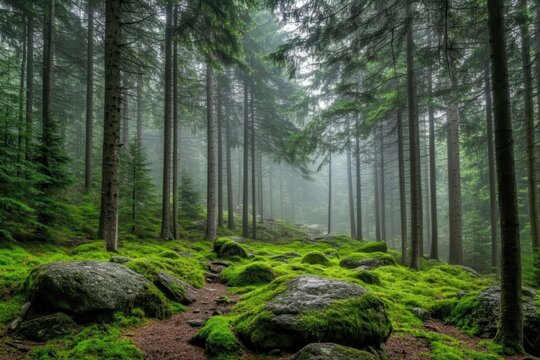 Misty forest path lined with tall trees and mossy rocks. Lush greenery covers the ground