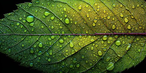 Fototapeta premium Close-Up of a Green Leaf Covered in Water Droplets on Black Background for Nature Photography