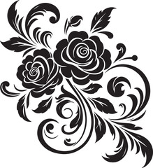 Elegant Black Floral Vector Design with Ornamental Swirls and Detailed Decorative Flowers for Invitations, Tattoos, and Graphic Artwork