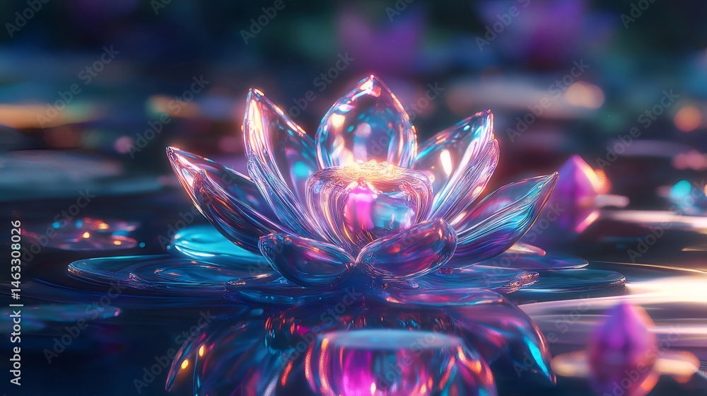 Poster 水面に浮かぶ光り輝く蓮の花 ピンク 紫と青の色彩が美しい幻想的な光景