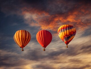 Fototapeta premium Colorful hot air balloons against a dramatic sunset sky.