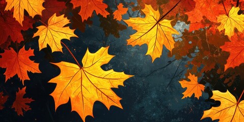 Fototapeta premium Seasonal Splendor A vibrant illustration of golden and red autumn maple leaves falling against a dark, textured backdrop.
