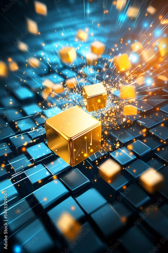 Aufkleber 金色のキューブと青色の背景の抽象的な技術構造のデジタルデータネットワーク接続システムデザイン