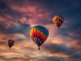 Obraz premium Colorful hot air balloons soaring through a vibrant sunset sky.