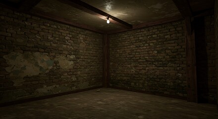 corner of old dirty interior with brick wall, empty room