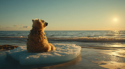Young Polar Bear on Melting Ice at Sunset