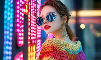 Young Woman in Colorful Sweater Posing at Night with Neon Lights