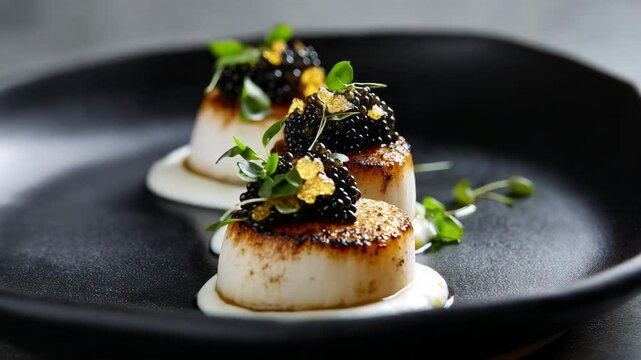 Three seared scallops arranged on a black plate, each topped with black caviar and garnished with herbs. A creamy white sauce is underneath.