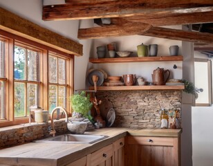 Rustic farmhouse kitchen with exposed wooden beams, open shelving with ceramic dishes, apron-front sink, reclaimed wood cabinetry, and a stone-tile backsplash