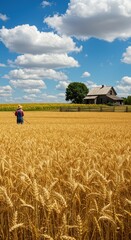 Fototapeta premium Man in blue shirt inspecting golden wheat field with old barn and tree on horizon. Rural farm landscape. Summer harvest season. Agricultural industry concept