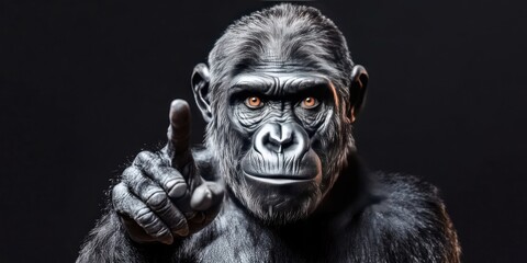 A Powerful Portrait of a Gorilla Pointing Its Index Finger  Against a Dark Background: A Study in Primate Intelligence and Communication
