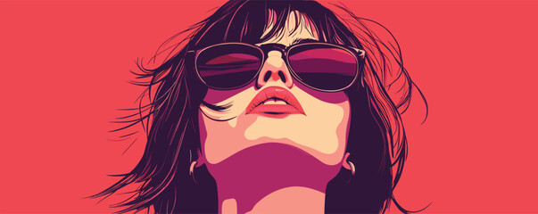 Bold graphic art of a stylish young woman with sunglasses against a red background.