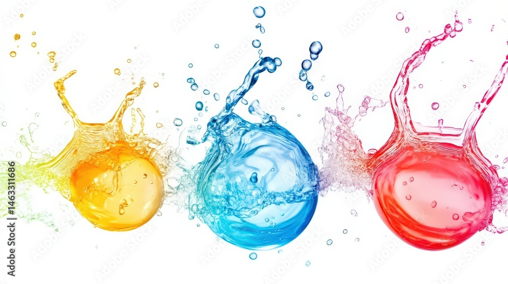 Poster a vibrant array of liquid spheres frozen in a dynamic moment of explosion