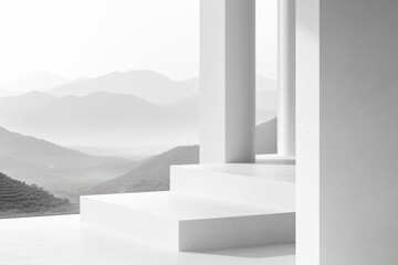 Minimalist architectural scene with steps and columns, overlooking misty mountains