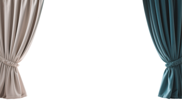 Elegant Draped Curtains Beige and Teal Velvet Fabric on PNG/Transparent Background