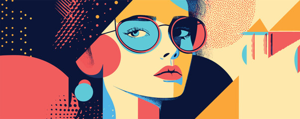 Stylish woman in glasses: modern abstract pop art illustration with bold colors.