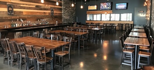 Spacious bar and dining area with large wooden tables and chairs