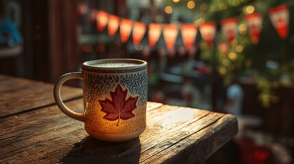 Ceramic mug with golden frothy beer and maple leaf design on rustic wooden table under warm sunlight, celebrating Canada Day with red and white bunting in cozy festive background