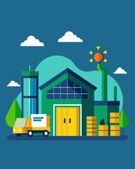 Obraz premium The warehouse was a marvel of ecofriendly design with its solarpowered lighting and machinery reducing its carbon footprint to almost zero.. Vector illustration