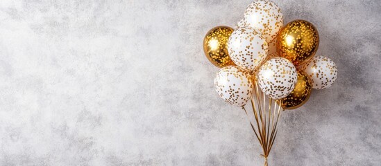 Fototapeta premium Festive golden and white balloon arrangement against a subtle textured backdrop