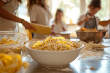 A bright kitchen with a bowl of fresh pasta in the center. A mother and father are rolling out dough while the kids prepare a sauce