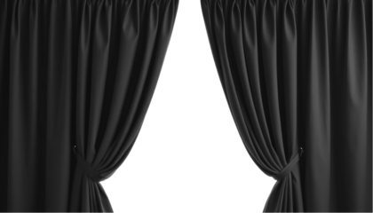 Elegant Black Curtains Draped Open, Revealing on Transparent Background