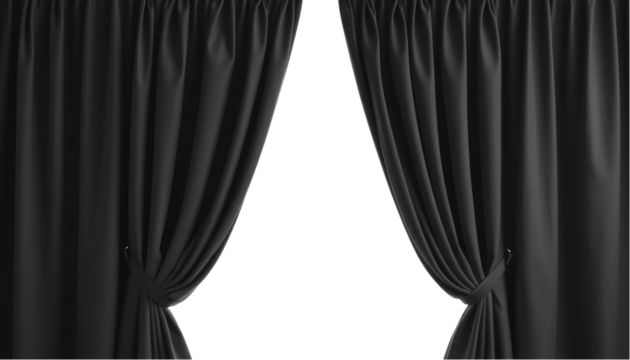 Elegant Black Curtains Draped Open, Revealing on Transparent Background