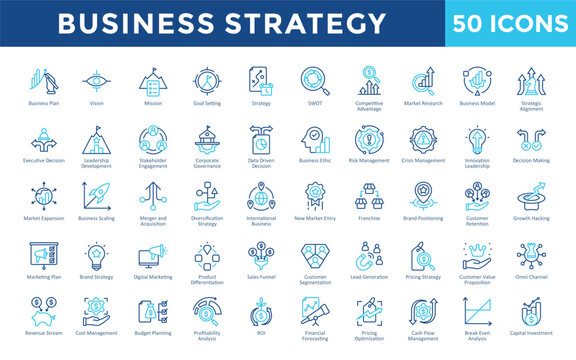 Business Strategy icons set with business plan, vision, mission, goal setting, strategy, swot, competitive advantage, market research, business model icon. Simple outline color vector 
