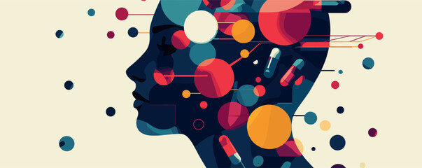 Obraz premium Abstract silhouette with vibrant circles and capsules exploring mental health and wellness.