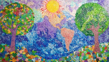 Colorful mosaic mural depicting Earth, trees, and sun