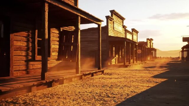 Cinematic Western Town Scene with Dust and Golden Hour Sunlight