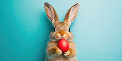 Obraz premium Adorable Easter Bunny Holding a Red Egg Against a Turquoise Background A Festive Springtime Image