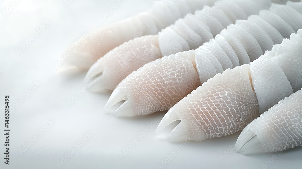 Poster close-up of textured, white, finger-like objects in a row. details highlight patterns