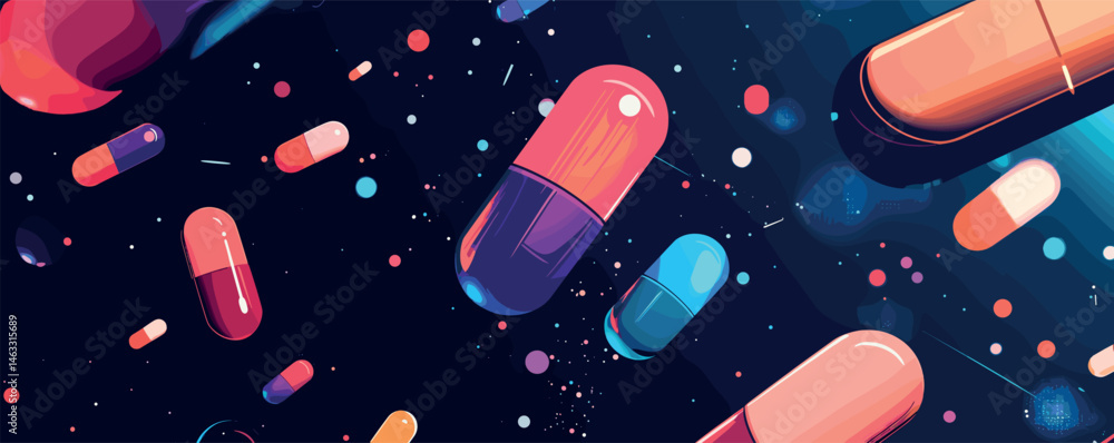 Poster colorful capsules floating in dark space-themed background with futuristic elements.