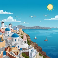 Sunny Coastal Village, Aegean Sea View, Cartoon Illustration
