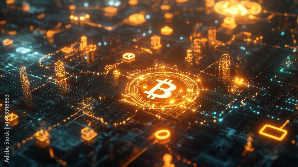 Aufkleber illuminated bitcoin symbol on a futuristic circuit board network