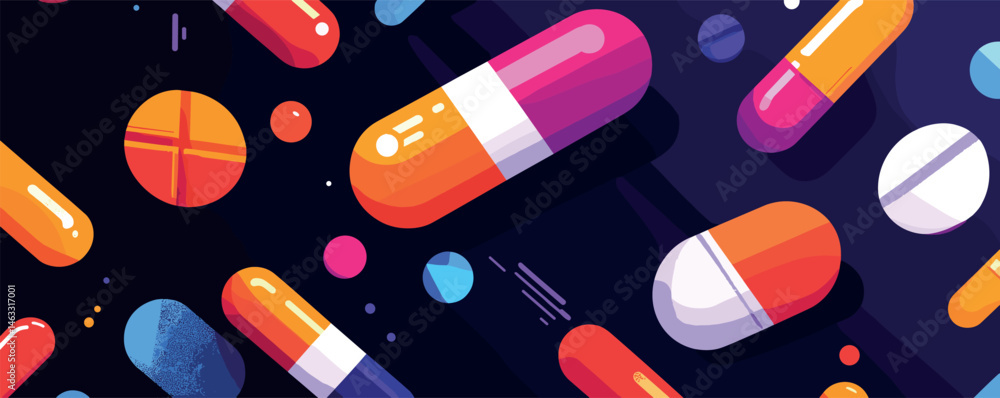 Poster colorful capsules and tablets pattern on dark background.