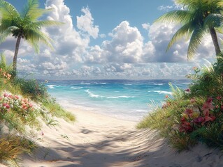 Tropical Beach Paradise Ocean with Palms, and Sand.
