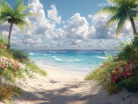 Tropical Beach Paradise Ocean with Palms, and Sand.