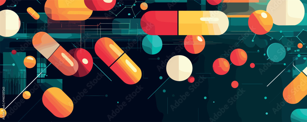 Poster colorful capsules and pills floating in abstract digital space with geometric background.