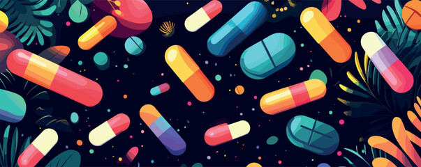 Colorful capsule pills in a vibrant jungle-themed pattern against a dark background.